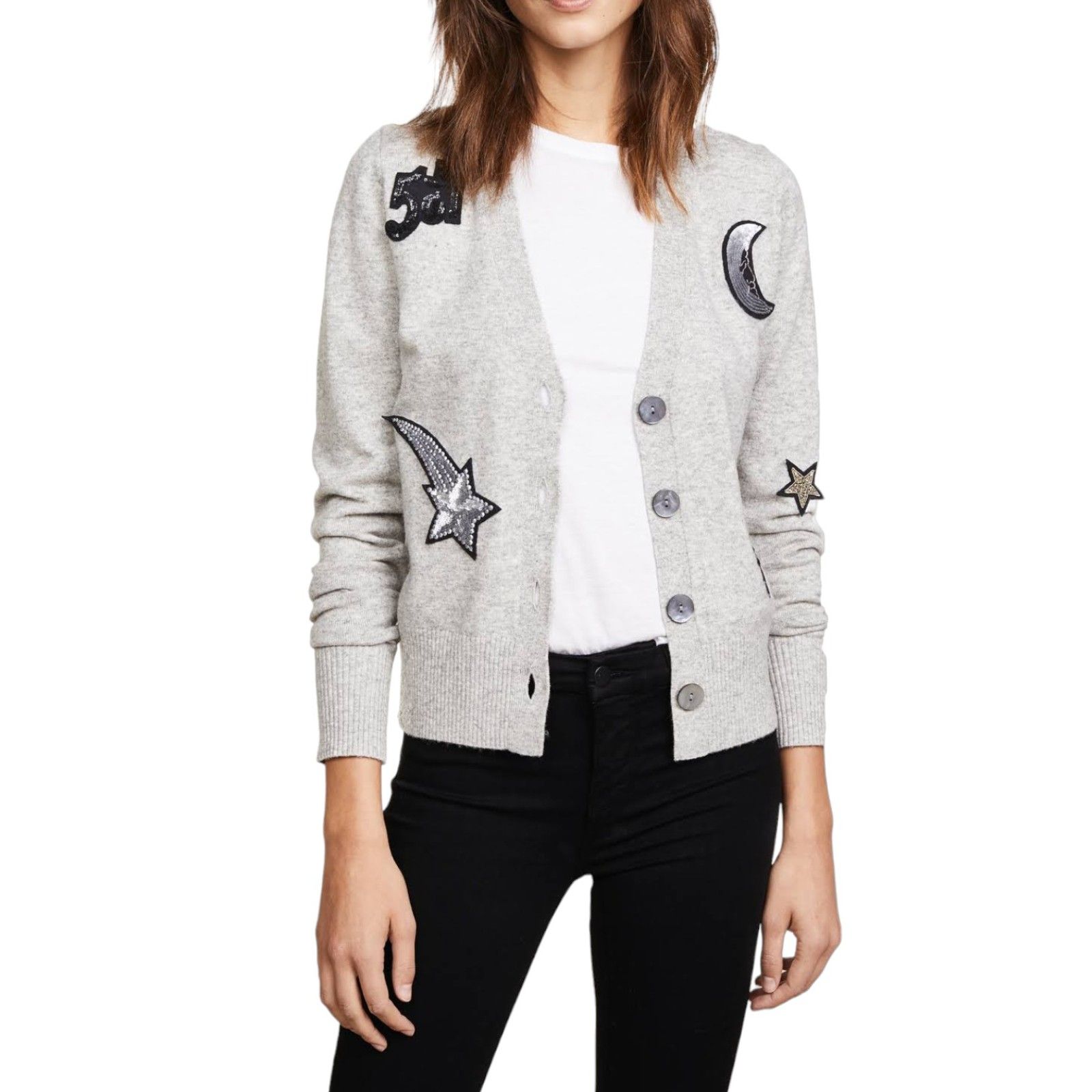 Cinq A Sept Gray Patch-Embellished Vneck Cardigan Xs Very Good Condition